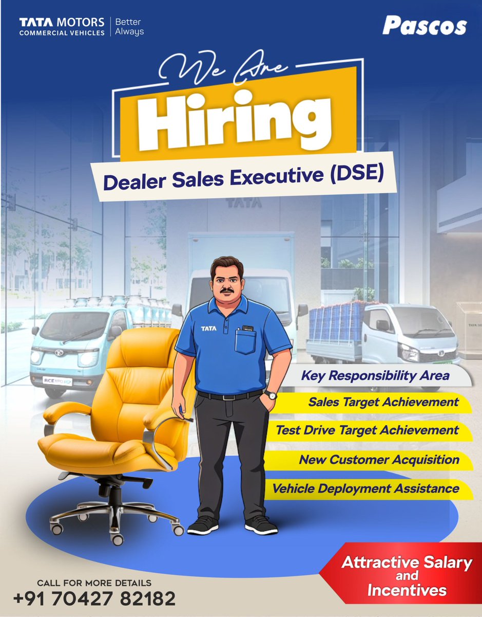 PascosM's tweet image. Hum hire kar rahe hain Dealer Sales Executives (DSE) for our Delhi outlets.
🔹 Attractive Salary + Incentives  🔹 Growth in Automobile Sector 📈 🔹 Work with Tata Motors Brand 
Mauka hath se na jaane dein!
📞 Call Now: 7042782182
#DelhiJobs #Hiring #SalesExecutive #TataMotors
