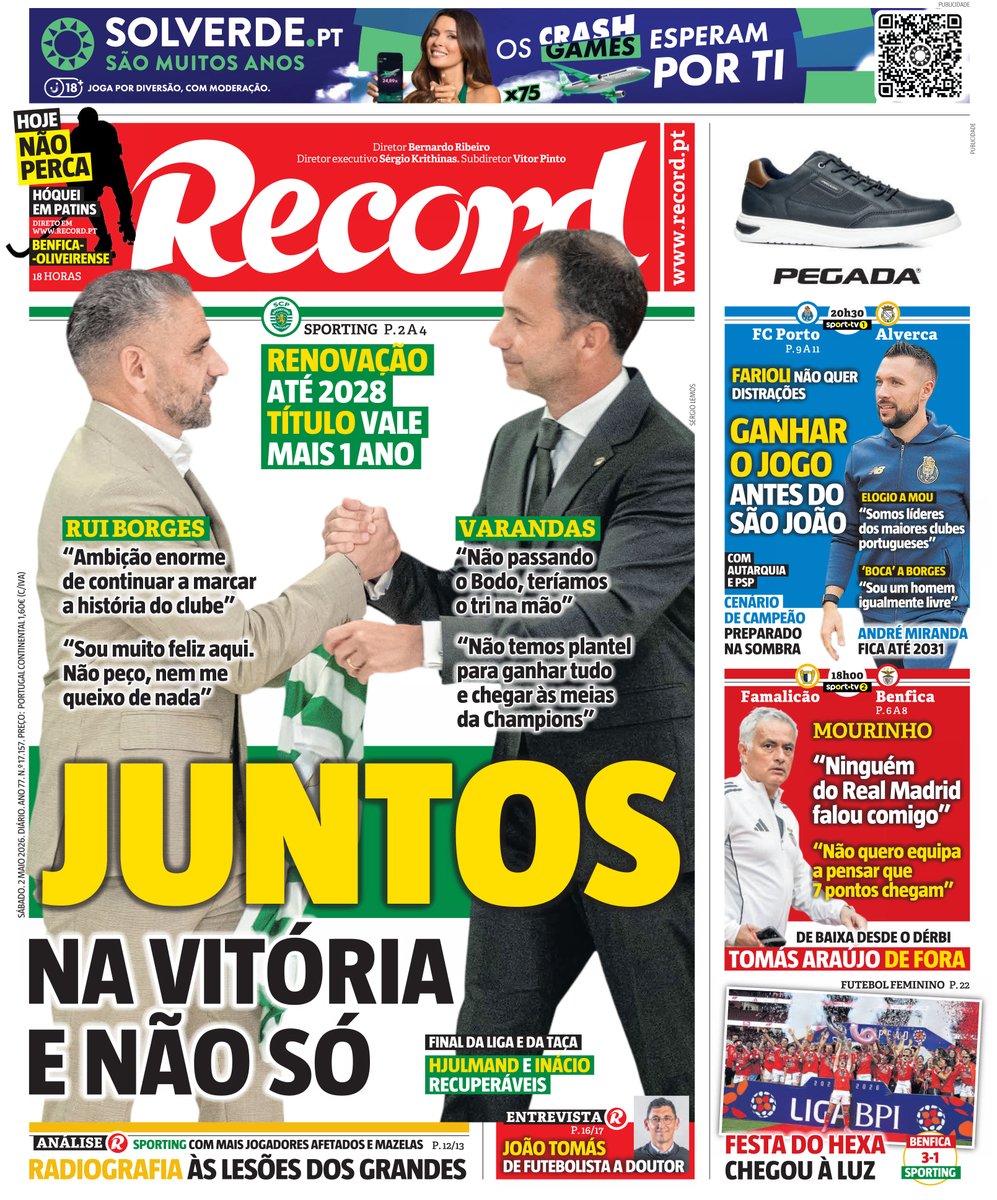 Record_Portugal's tweet image. Bom dia! A primeira página de Record de hoje, 2 de maio #capa #record
