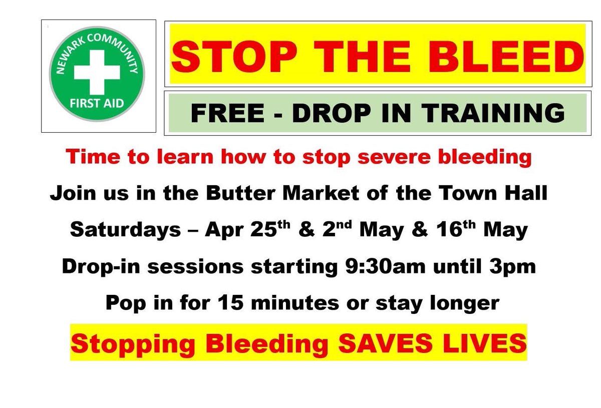 newarkfirstaid's tweet photo. We return today to Newark Market Place for another Stop the Bleed session! Pop by today between 09:30/15:00 learn how to deal with serious bleeding and take a look at the Knife Angle which is currently in front of the Town Hall. https://t.co/BCEmHSAstq