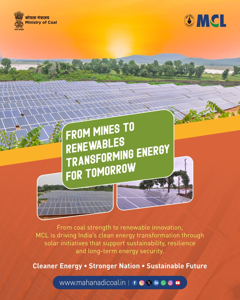 mahanadicoal's tweet image. By integrating innovative solar initiatives into our core operations, we are not just generating green power, but lighting up lives, driving inclusive growth, and empowering communities across the region.

#GreenEnergy #SustainableFuture #SolarPower #MyMCL #Renewables #BeyondCoal