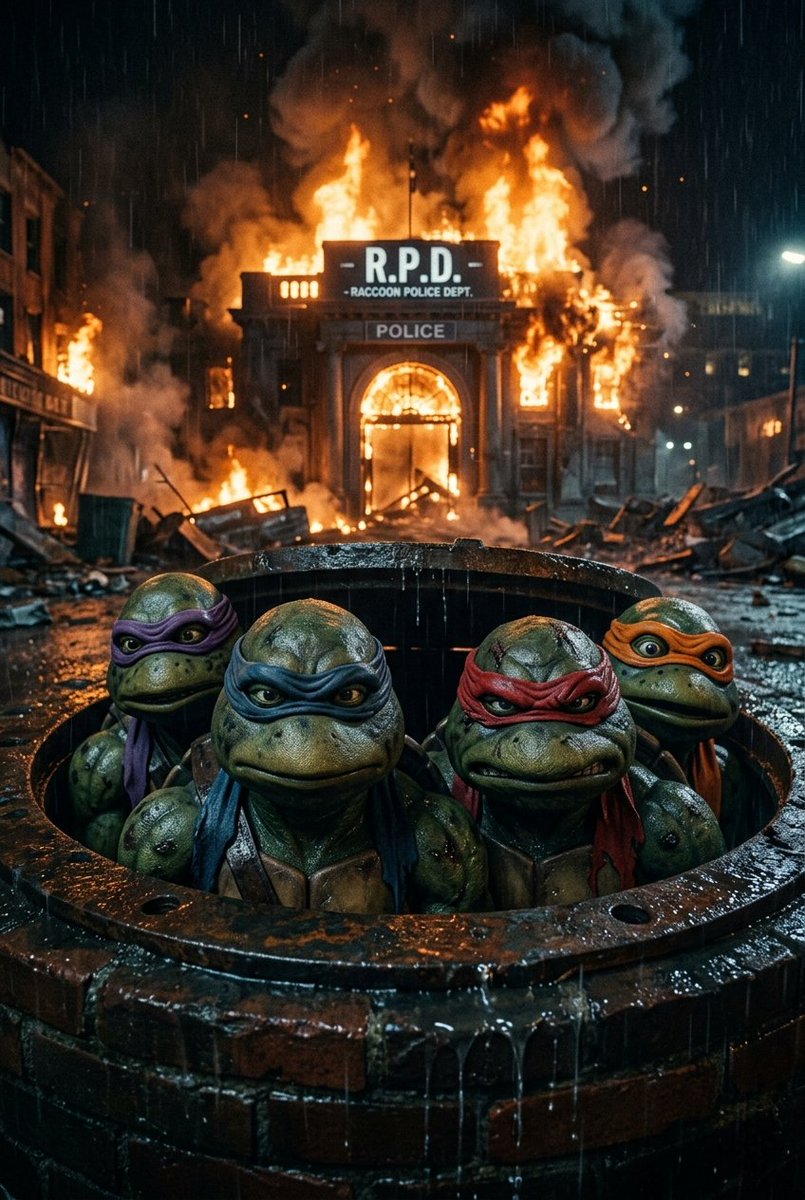 JosesAIWorld's tweet image. Raccoon City just got a lot more Cowabunga. 🍕🧟‍♂️

#TMNT #ResidentEvil #90sNostalgia #Crossover #HorrorCore