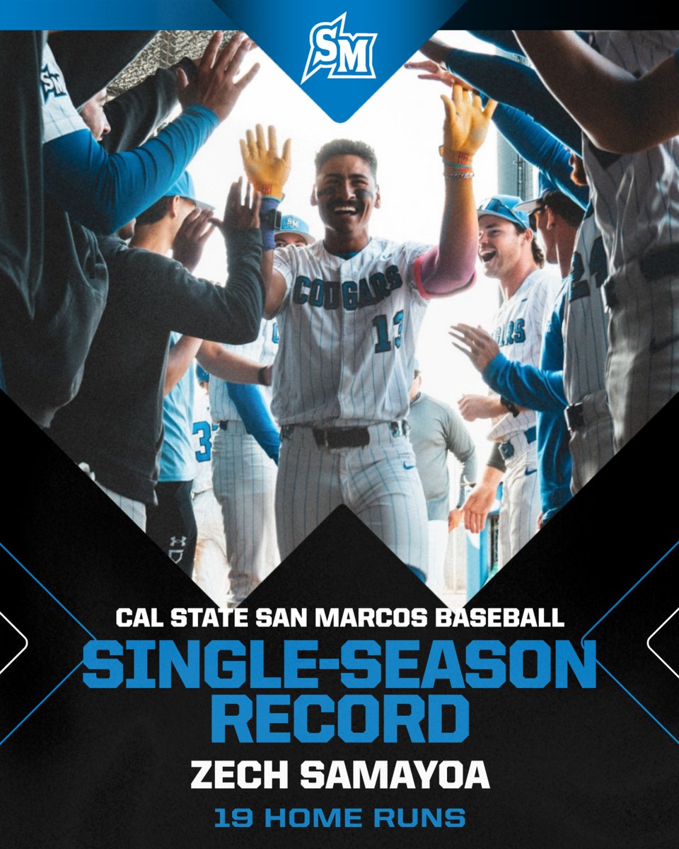 CSUSMBaseball's tweet image. CSUSM has a NEW single-season home run king as Zech Samayoa breaks the program's 18-year-old record with his 19th of the year! #BleedBlue