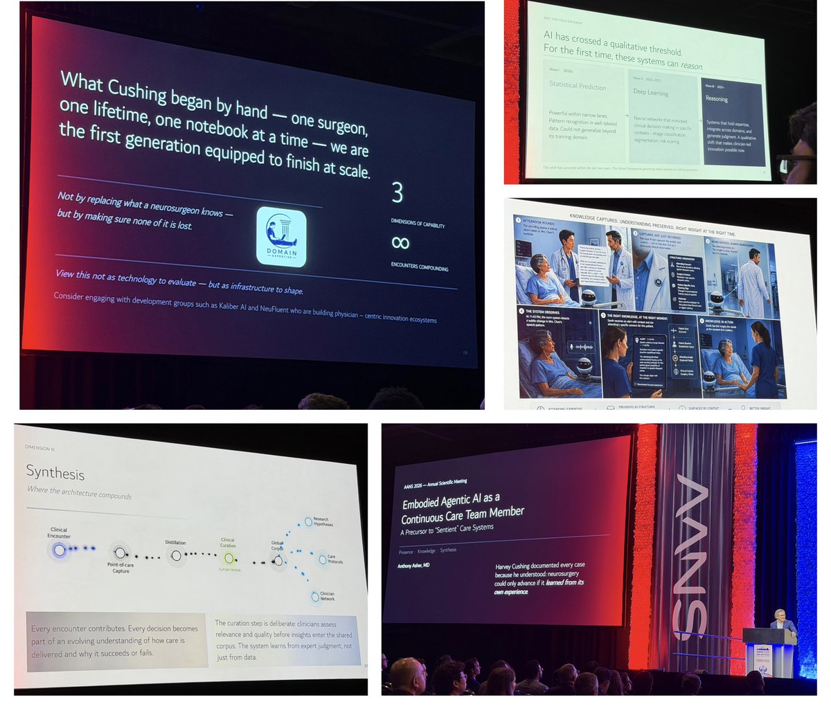 savi6agarwal's tweet image. Grateful to hear Dr. Antony Asher at #AANS2026 on embodied agentic #AI as a continuous member of the care team that could evolve into precursors of sentient care: humbling and inspiring. Feels like we’re witnessing the start of a new era in #neurosurgery. #innovation @AANSNeuro