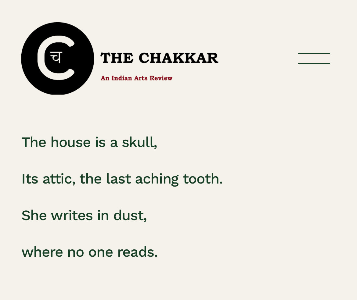 TheChakkar's tweet photo. The Madwoman in the Attic - Poem by @anju_devadas:

‘Ink spills like blood, 
blotting the margins of her name. 
Each word a bone, 
each sentence, 
a noose of syntax.’

https://t.co/q8PCpZRTPL https://t.co/kfgZDo5MZz
