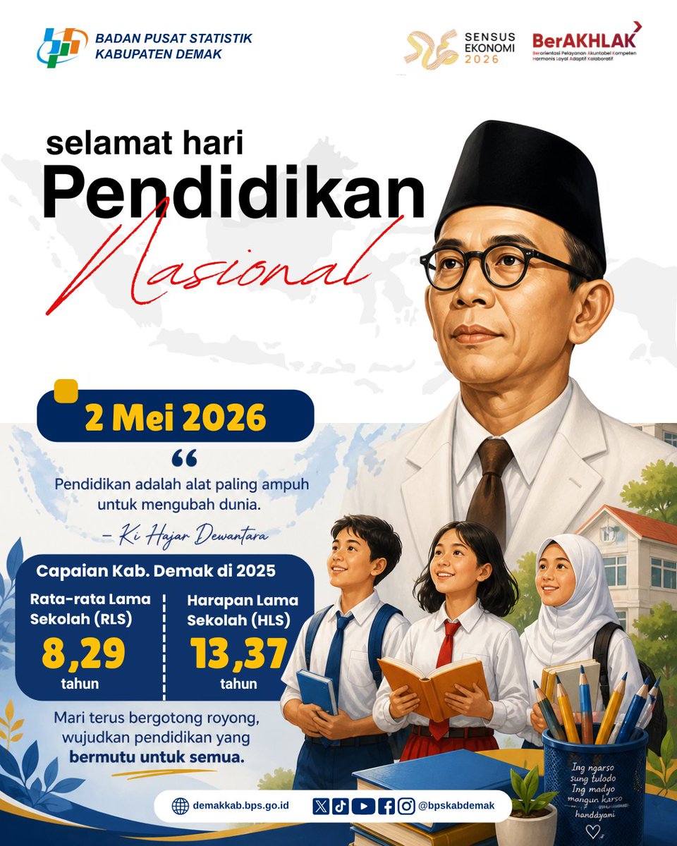 bpskabdemak's tweet photo. Hai Sobat Data
Selamat Hari Pendidikan Nasional, 2 Mei 2026

Pendidikan merupakan fondasi utama dalam membangun sumber daya manusia yang berkualitas. https://t.co/329zYywDyl