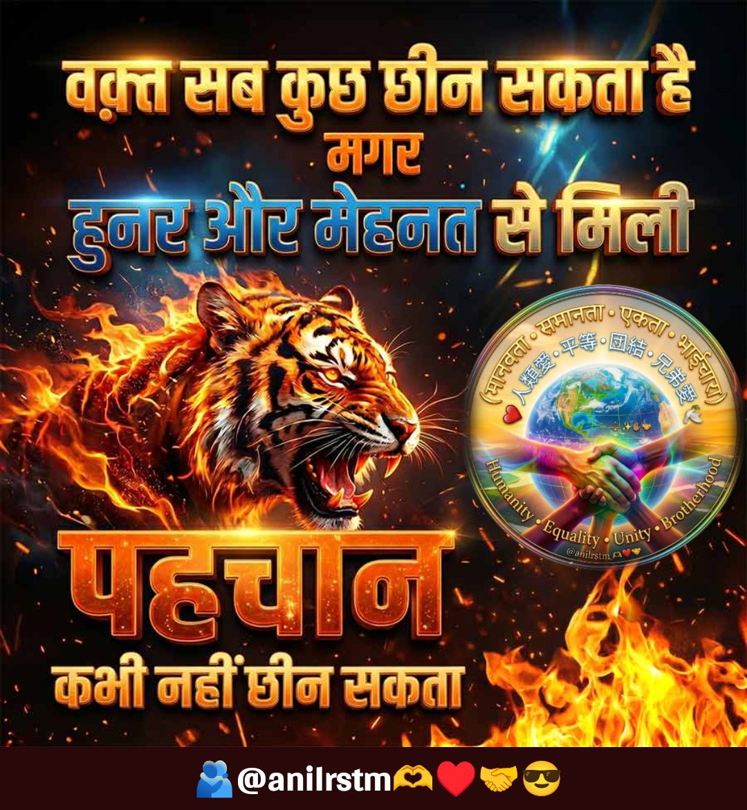 anilrstm's tweet image. "सिर्फ नाम बनाना ही काफी नहीं, एक ऐसी पहचान बनाओ जिसमें इंसानियत और भाईचारा झलके। 🤝🌍❤️

वक्त बदलता है, पर नेक नीयत और मेहनत से बनाई पहचान अमर रहती है। 🙏✨

#Humanity #Unity #Equality #AnilRstm"