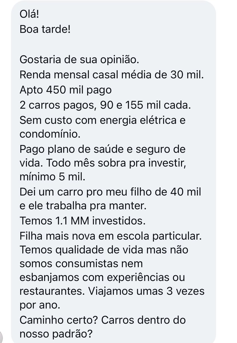 ZattarRafael's tweet photo. #Zflix
- Assessora do BTG com 2 filhos
- 45 anos e marido 49
- Renda mensal conjunta 30 mil
- 2 carros
- Não paga luz nem condomínio
- Investe 5 mil por mês
- 1.1 milhão investidos
- Viajam 3x por ano
Estão no caminho o certo? https://t.co/czhkkYyw0V
