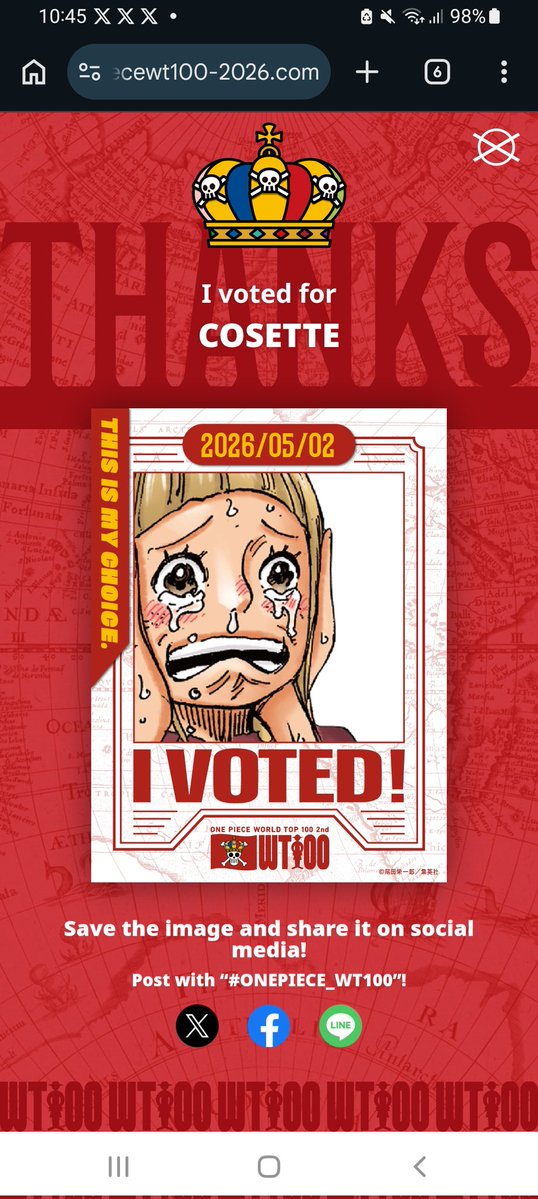 genomyntt's tweet image. VOTED FOR MY GIRL ON HER BIRTHDAY 🎉🎉🎉🎂🎂🎂

I voted for “COSETTE”!
onepiecewt100-2026.com/en/vote/share/…

#ONEPIECE #ONEPIECE_WT100