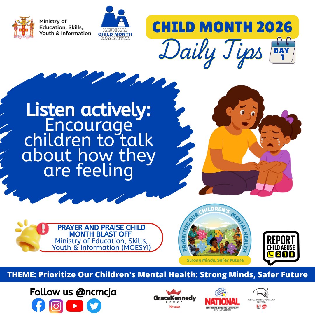 ncmcja's tweet image. The first week of Child Month is here! 🗓️

Check out our Daily Tips for Days 1–4 and start the
conversation about mental health today.

#childmonth #mentalhealth