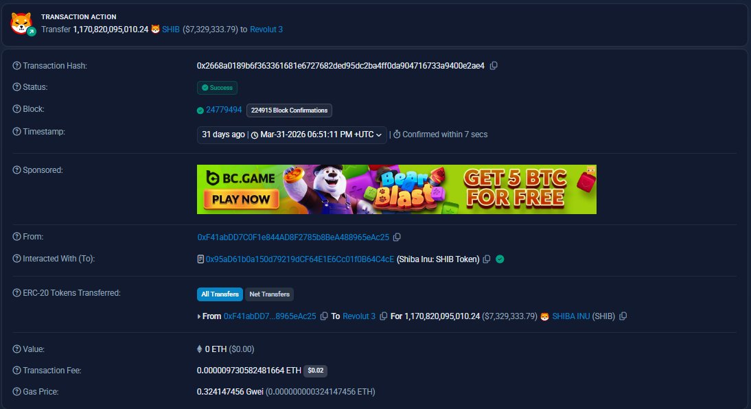 onchainwallets's tweet image. 🚨🐶 SHIBA WHALE ALERT! 1,170,820,095,010 SHIB (~$7.33M) moved to Revolut 3 on Mar‑31‑2026! 💥 Confirmed in just 7 seconds, fee only $0.02. Whales continue funneling massive SHIB liquidity into Revolut wallets, signaling redistribution. 🔥 #SHIB #ShibaInu #WhaleWatch #Revolut