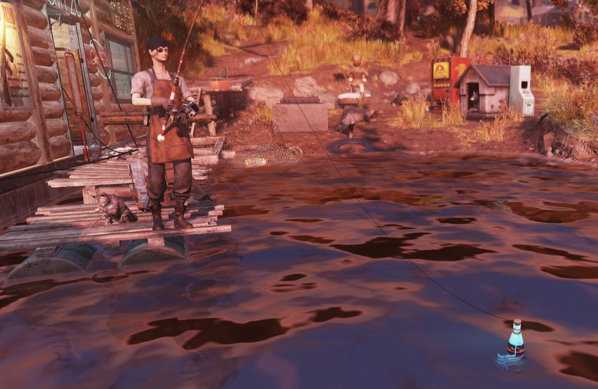 Gunshop_Omizu's tweet photo. #フォールアウト76 #Fallout76
#FalloutGunsmith
Gunshop-Omizu前の釣り池には、稀におかしなものが現れたりします。
………何でそんな所にいるんだ? https://t.co/y9ATd41QsI