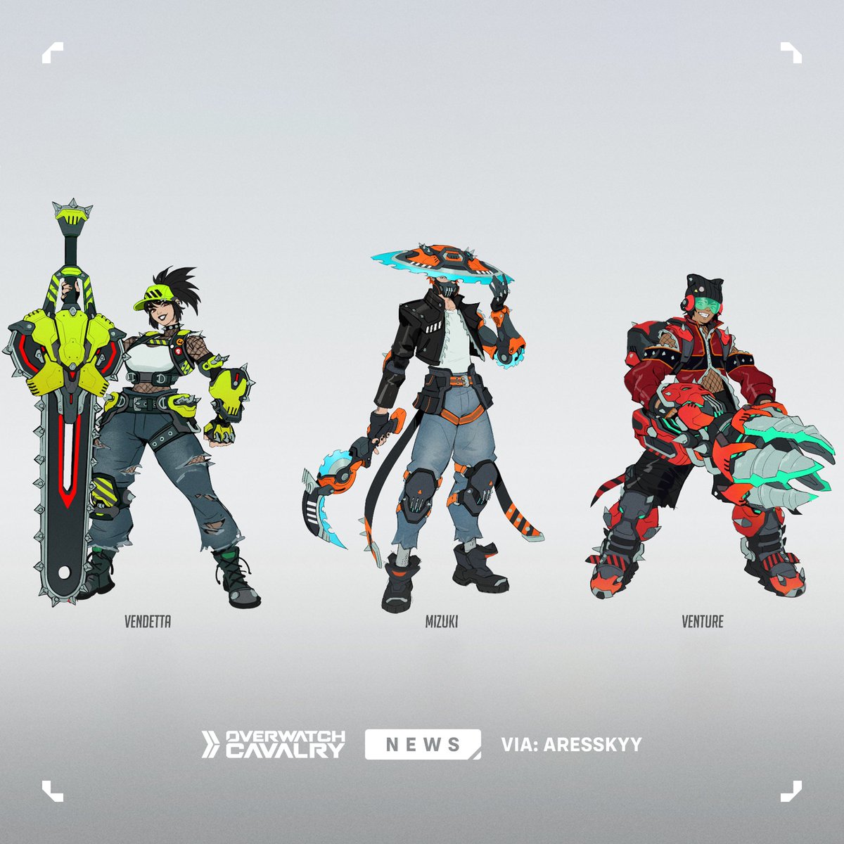 OWCavalry's tweet image. New #Overwatch Survey Skins: Demo-Punk 🚧

Featuring Concept Art for Vendetta, Mizuki, and Venture.