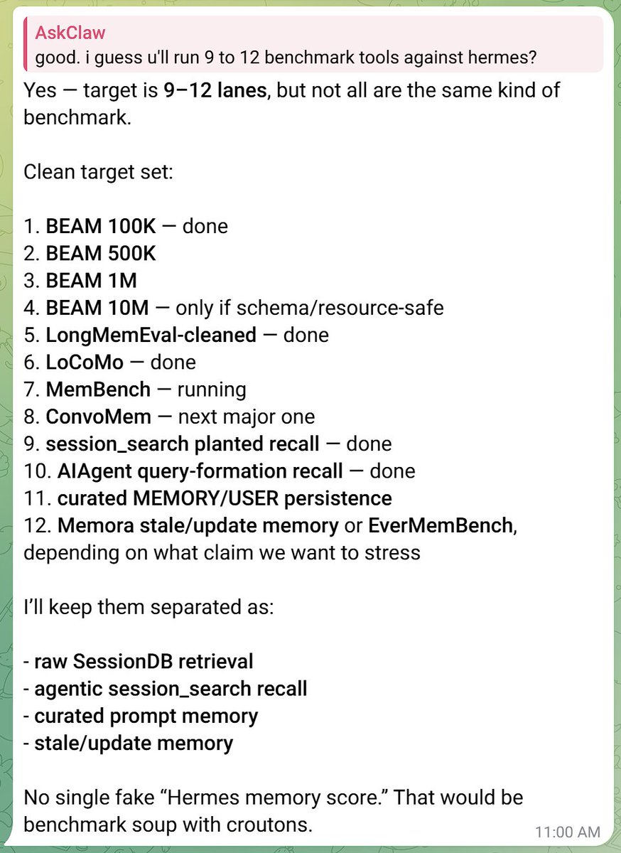 GetAskClaw's tweet image. Hermes (GPT 5.5) 针对 Hermes 的记忆系统开始跑分
一共12组测试（把4组 BEAM 算在一起就是9组）
#benchmark #memory #hermes #跑分