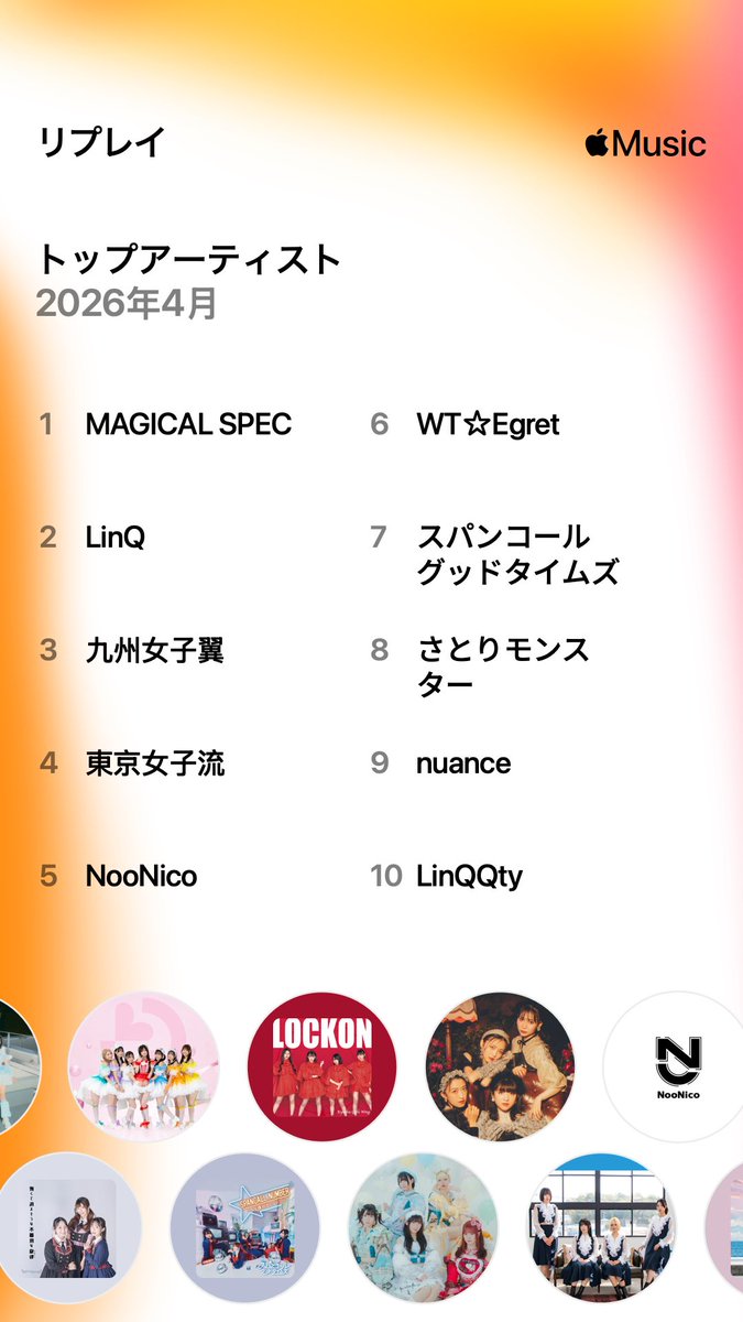 sereka_kouchan's tweet photo. 4月のトップアーティスト10
#MAGICALSPEC #マジスペ
#LinQ
#九州女子翼
#東京女子流
#NooNico
#WT_Egret
#スパンコールグッドタイムズ
#さとりモンスター
#nuance
#LinQQty https://t.co/rInEQ5BSev