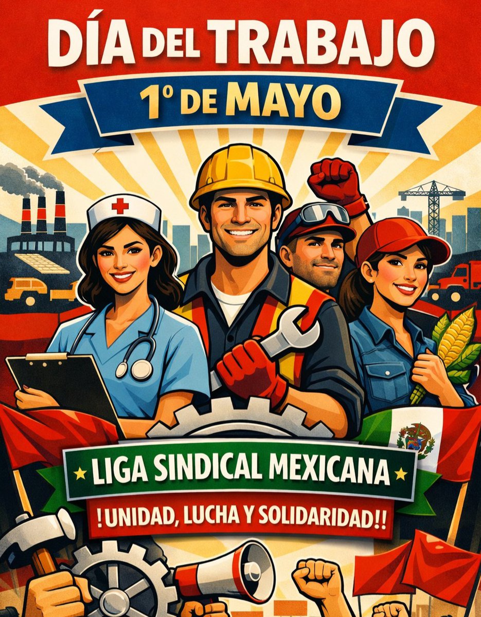 SindicalMexican's tweet photo. Hoy celebramos el Día del Trabajo, honrando la fuerza, la unidad y la solidaridad de quienes construyen día a día un futuro más justo.

 ¡Feliz 1º de Mayo!

#1DeMayo #OrgulloMexicano #DíaDeltrabajo #TrabajadoresUnidos #FuerzaLaboral https://t.co/zKdrs4dbhj