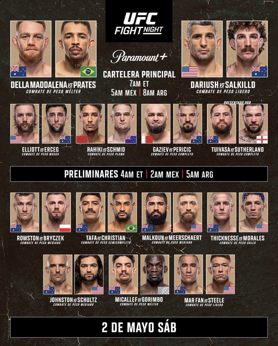 fanaticosMMAGT's tweet photo. Les recuerdo que el #UFCPerth Della Maddalena versus Prates arranca muy temprano ya que será en horario estelar australiano. Acá les dejo los horarios por si quieren desvelarse:

📺 Dónde ver:
Toda América: Paramount+
🇪🇸 Max

⏰ Horarios.

Preliminares:

2:00 am 🇬🇹 🇲🇽 🇸🇻 🇭🇳 🇳🇮 🇨🇷
3:00 am 🇨🇴 🇵🇪 🇪🇨
4:00 am 🇻🇪 🇧🇴 🇵🇷
5:00 am 🇦🇷 🇨🇱 🇺🇾 🇵🇾 🇧🇷
10:00 am 🇪🇸

🏆 Cartelera estelar:

5:00 am 🇬🇹 🇲🇽 🇸🇻 🇭🇳 🇳🇮 🇨🇷
6:00 am 🇨🇴 🇵🇪 🇪🇨
7:00 am 🇻🇪 🇧🇴 🇵🇷
8:00 am 🇦🇷 🇨🇱 🇺🇾 🇵🇾 🇧🇷
1:00 pm 🇪🇸

¿Listos para madrugar Fanáticos?