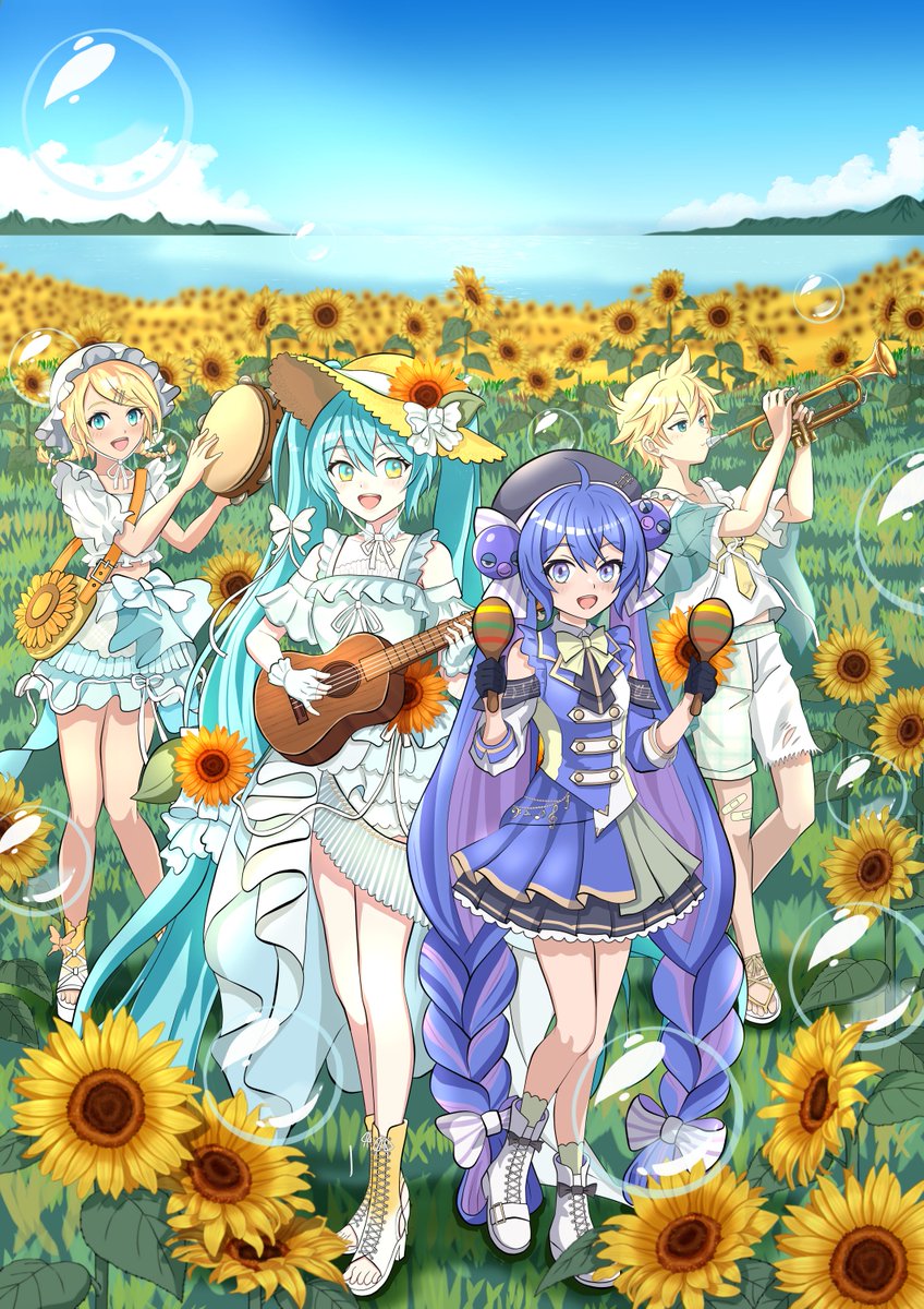 kcborz's tweet photo. #マジカルミライ2026 記念ファンアート

制作時間：34.5h 
公式衣装の密度が凄まじく、
構造の理解に大苦戦しました（遠い目） 

締め切り1時間前になんとか滑り込み投稿！ 
描ききれなかった3人の先輩方も、いつか必ず完成させたいです。
#マジカルミライ #初音ミク #音街ウナ #鏡音リン #鏡音レン https://t.co/wx8wmPWbLH