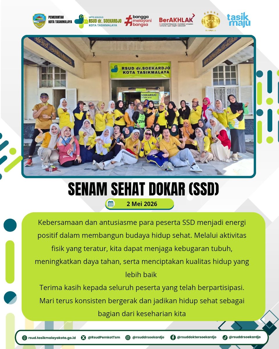 RsudPemkotTsm's tweet image. SSD edisi 2 Mei 2026 kembali hadir dengan semangat 💪🌞
Terus bergerak, jaga kebugaran, dan budayakan hidup sehat bersama!
#SSD #RSUDdrSoekardjo #TasikSehat #HidupSehat