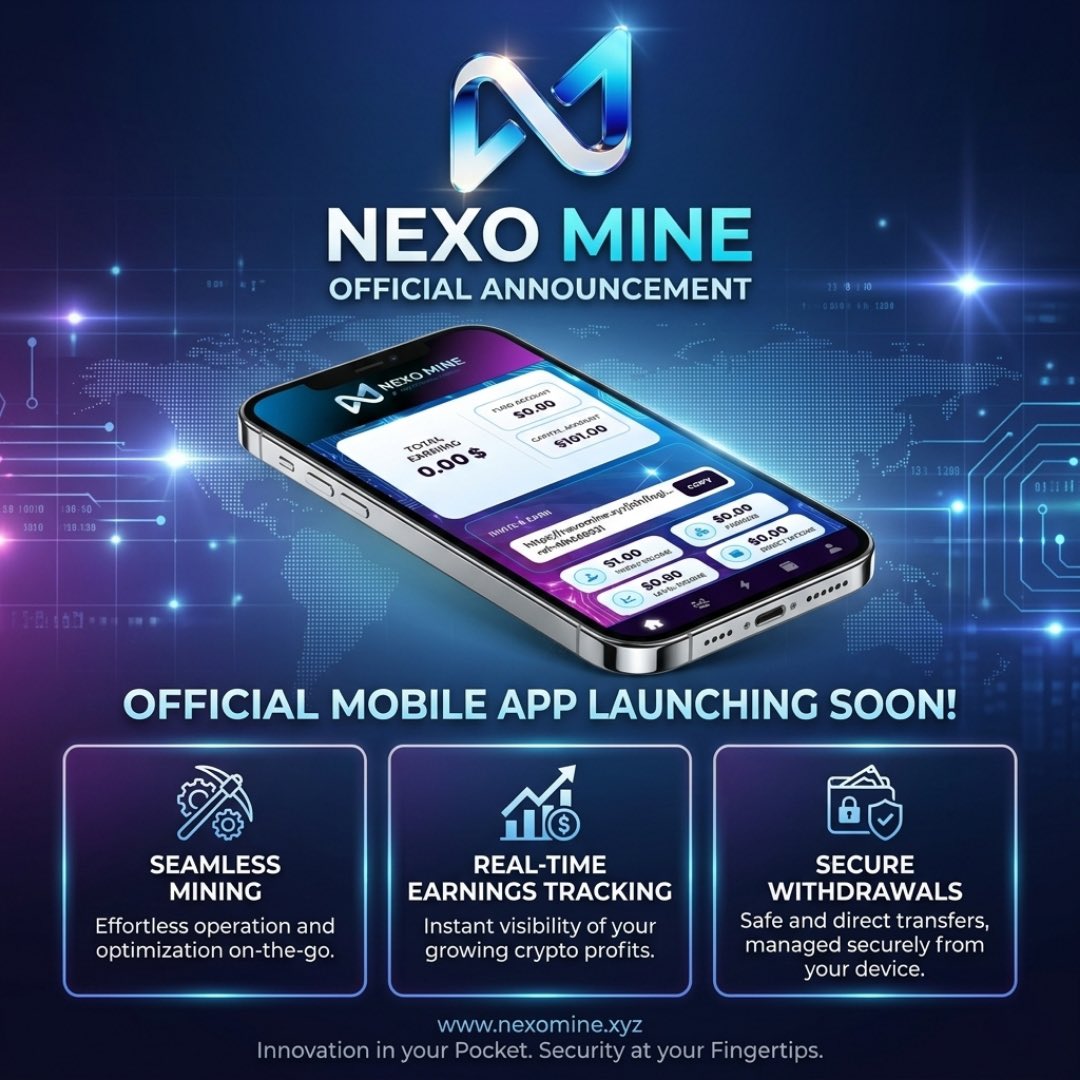 NexoMine_xyz's tweet image. 🚀 Nexo Mine Mobile App Launching Soon!

Experience seamless crypto farming on the go. Track earnings in real time, manage assets, and enjoy secure withdrawals—all from your smartphone.

🌐 nexomine.xyz

Stay tuned for the official release! 📱✨

#NexoMine #MobileApp