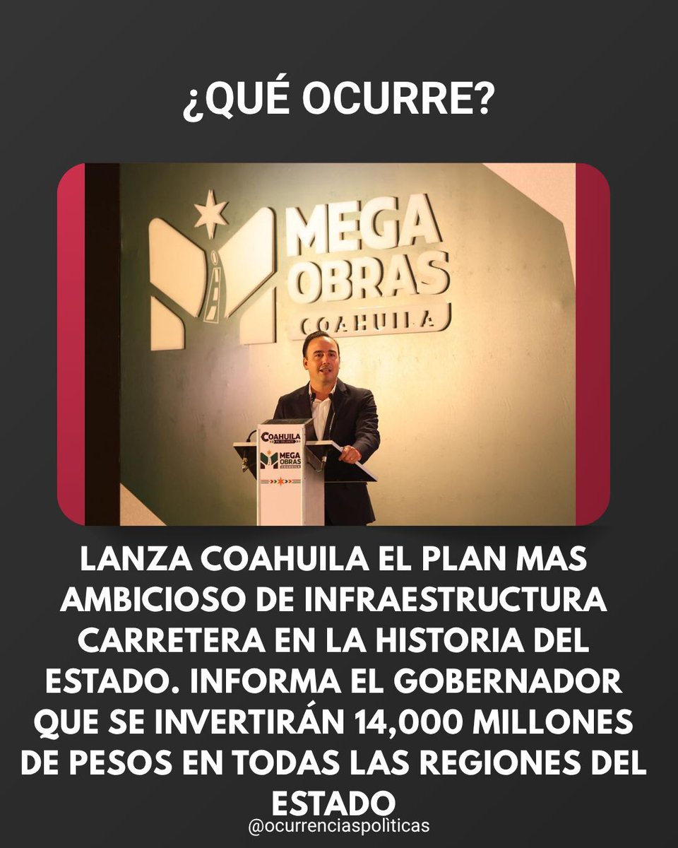 ocurrenciapolit's tweet image. Lanza Gobierno del Estado de Coahuila el programa “Mega Obras” que contempla la inversión de más de $14,000 millones de pesos en infraestructura carretera a aplicarse en todas las regiones del estado. #coahuila #infraestructura #desarrollo #noticia #manolojimenez