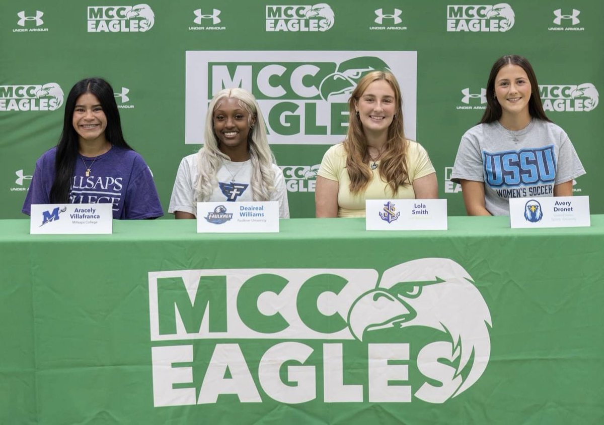 MCCEaglesWSOC's tweet photo. Yesterday as we got to celebrate these 4 Lady Eagles at our MCC Athletics Signing Ceremony! Congratulations ladies and we wish you nothing but the best! Once an 🦅 always an 🦅 

Deaireal Williams- Faulkner Uni.
Avery Dronet- USSU
Aracely Villafranca- Millsaps 
Lola Smith- LSUS https://t.co/GpoJ7MO1CF