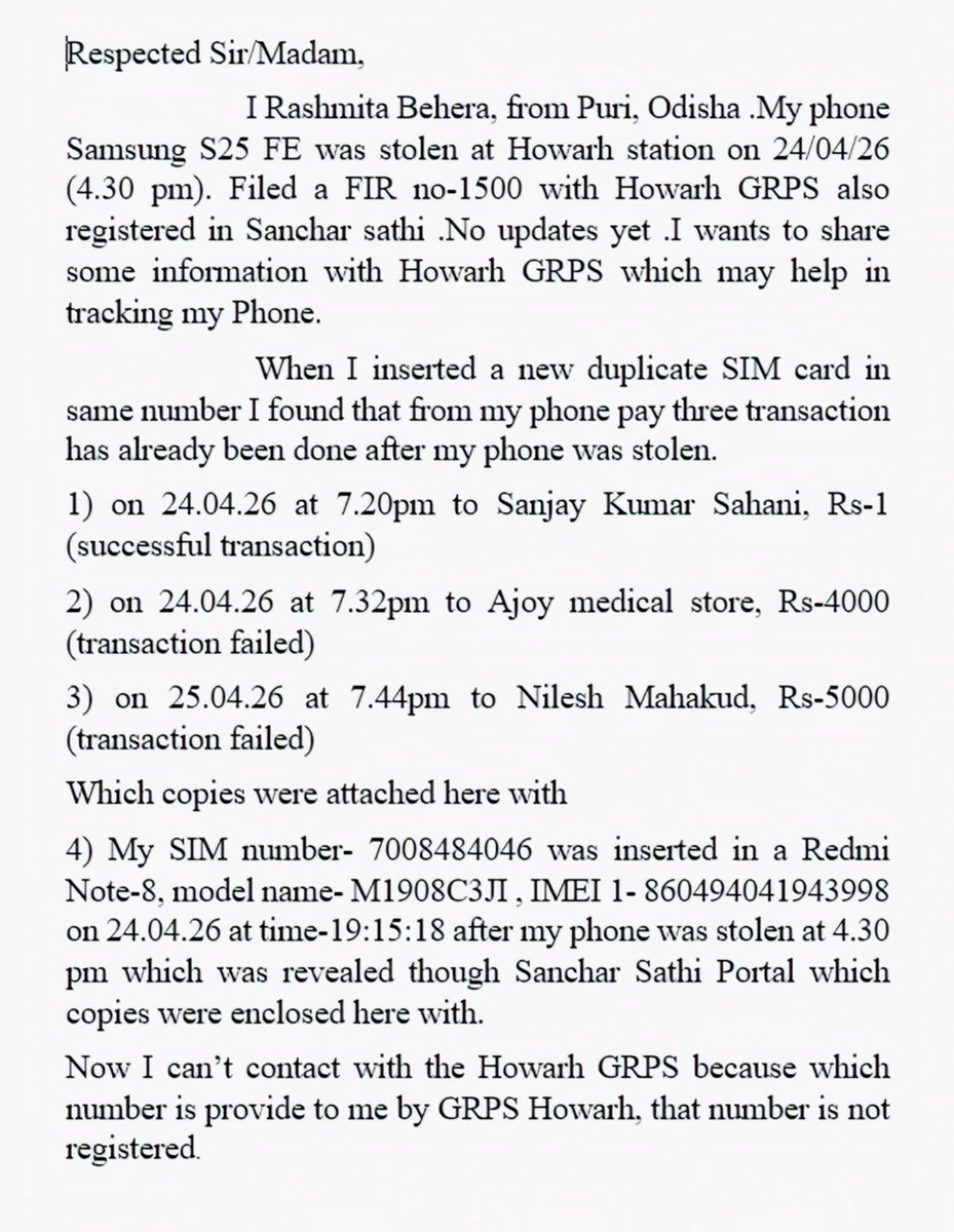 BeheraRash19428's tweet photo. My phone Samsung S 25 FE was stolen at Howarh Station on 24/04/26 (4:30PM) filed FIR  with Howarh GRPS No updates yet. I wants to share some information with Howarh GRPS. @RailMinIndia @EasternRailway @WBPolice @RailwaySeva @hwhcitypolice @dcpcentralhcp @rpferhwh @HowrahDistrict https://t.co/aPeptCXEuQ