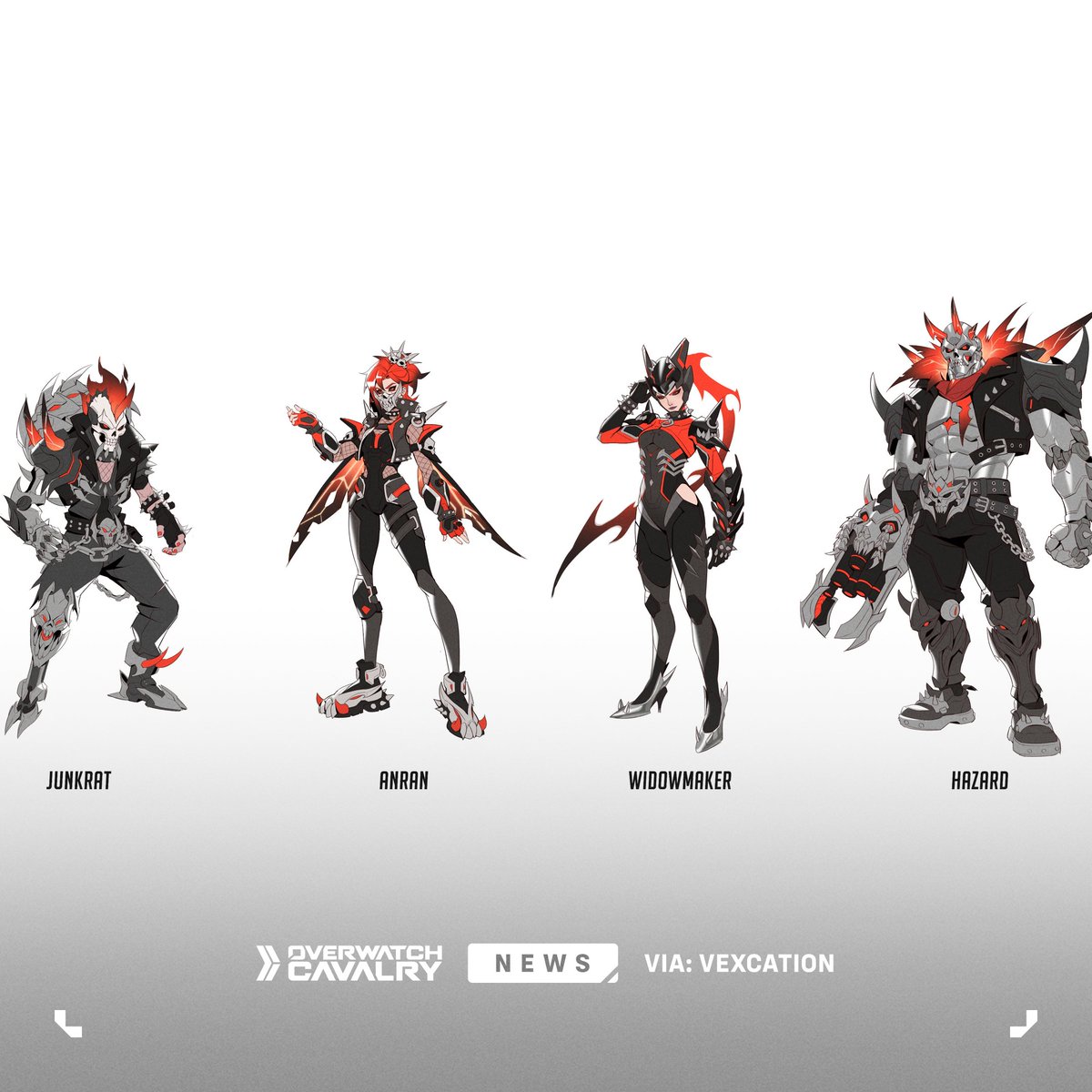 OWCavalry's tweet image. New #Overwatch Survey Skins: Dark Hell Biker ⛓️

Featuring Concept Art for Junkrat, Anran, Widowmaker, and Hazard.