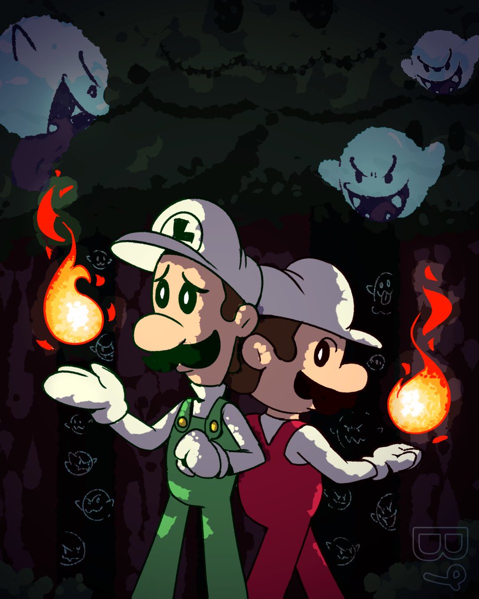 xz_bru's tweet image. The Mario brothers in a haunted forest 🌲👻

#MarioFanart #supermario #nintendo