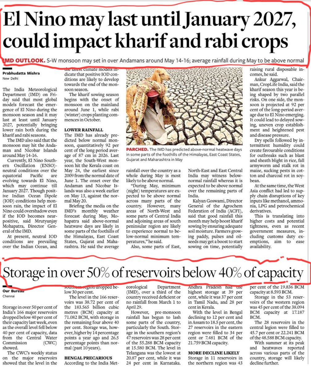 shuklasach's tweet image. 2 headlines, 1 risk: emerging supply-side stress in F27 cld tighten #agri output &amp;amp; squeeze #rural demand. Policy must act to prempt risks. Fix the pipes eg secure seeds/#fertilisers, irrigation, unclog mandis/logistics; pair with rural income support, MGNREGS &amp;amp; timely procurement