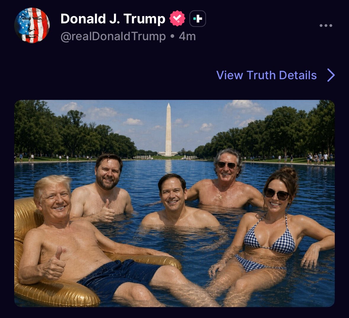 WW3_Monitor's tweet photo. President Trump just posted a photo of him being in the water near the DC Monument 

As well as Rubio and Vance

🇺🇸🇺🇸‼️‼️‼️‼️‼️‼️‼️‼️‼️‼️‼️‼️‼️ https://t.co/qSZFBPQsWo