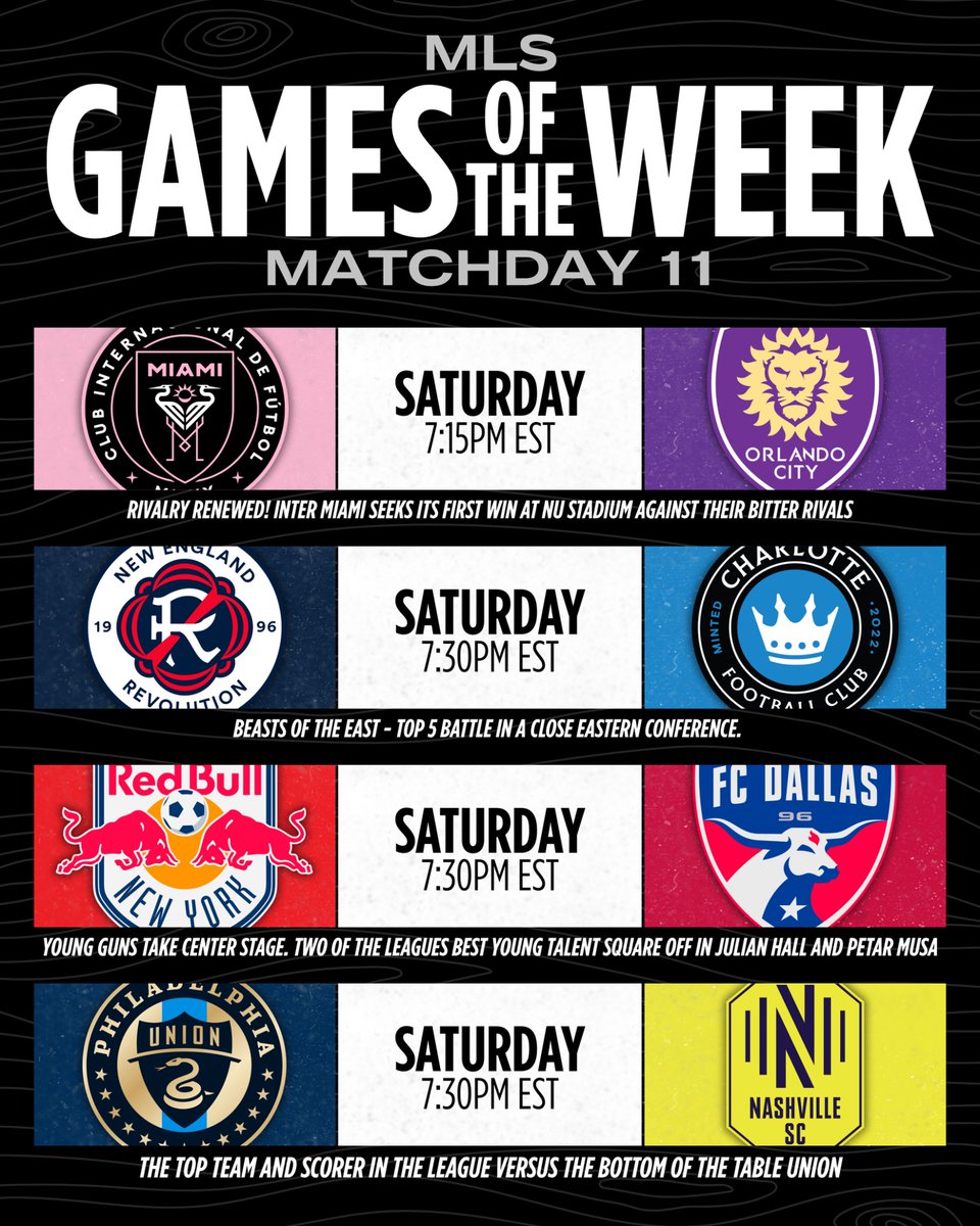 howsyabird_'s tweet image. MLS Matchday 11 Games of the Week 🔥

• MIA vs ORL (7:15p) – Rivalry renewed  
• NE vs CLT (7:30p) – Eastern beasts  
• RBNY vs DAL (7:30p) – Young guns  
• PHI vs NSH (7:30p) – Top vs bottom  

Your picks? 

#MLS #MLSGamesOfTheWeek