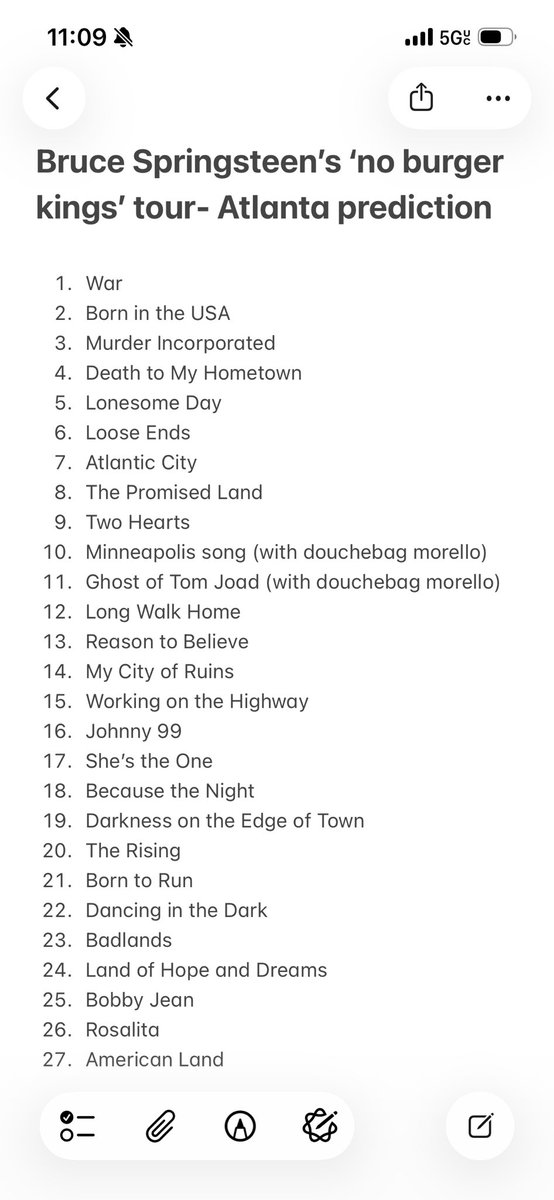 TheRascal_King's tweet photo. Big-K’s official Springsteen Atlanta set list prediction, with knowledge of only four confirmed songs. 2 points per correct song, 4 points if in the correct spot in the set. What’s the final score going to be?! https://t.co/AbF5Qkz9Sm