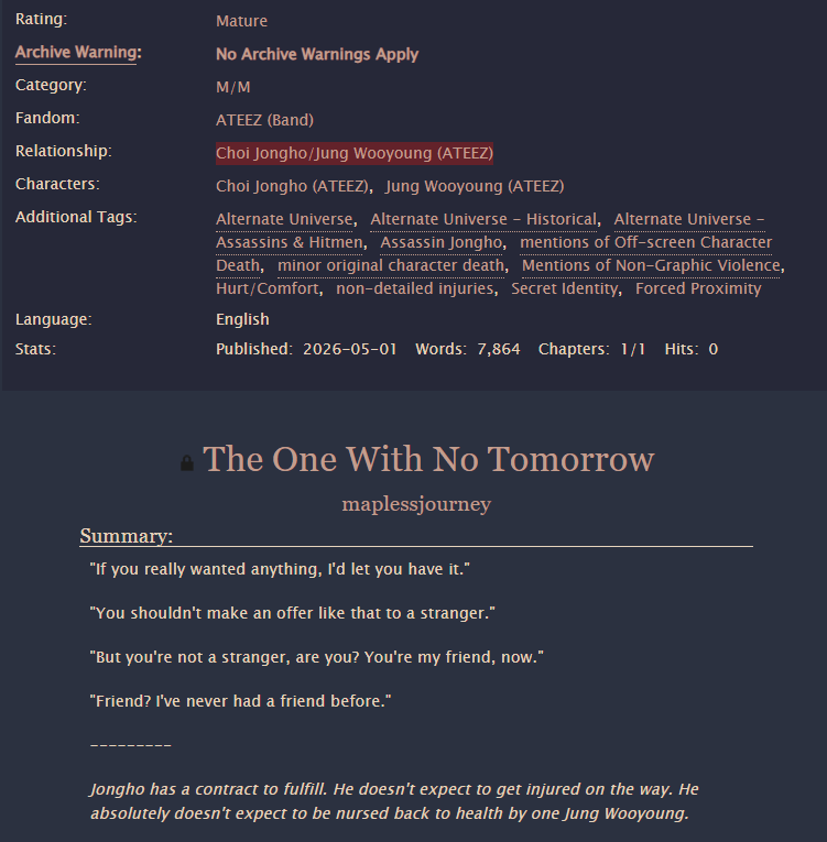 mapless_journey's tweet photo. kara's triumpant(ish) return to writing!

The One With No Tomorrow
WY/JH
7.8k, M
au, historical, assassin, hurt/comfort https://t.co/wV7BlxXbnq