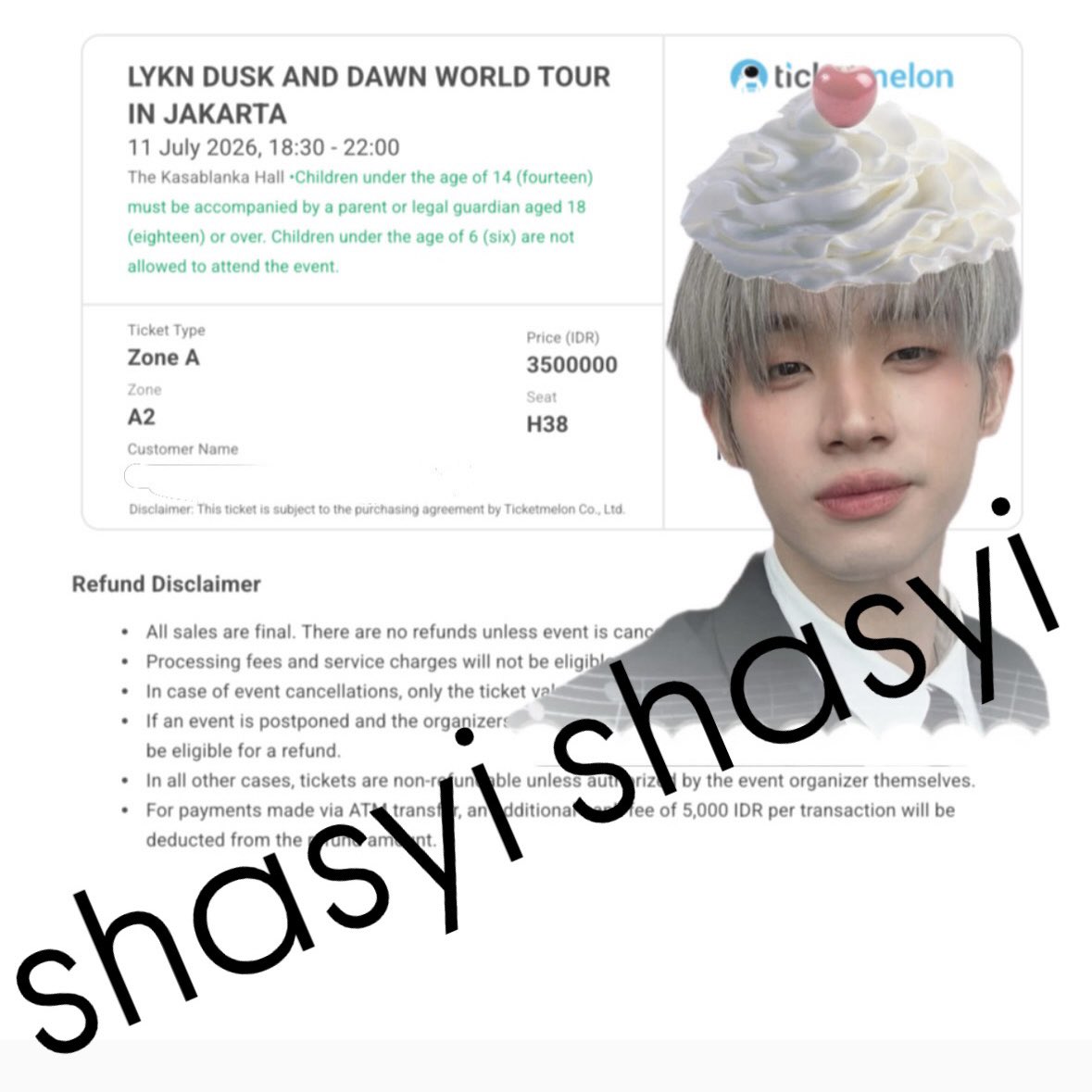 shaasyi's tweet photo. WTS LYKN DUSK AND DAWN World Tour in JAKARTA

8,5mio for 2 tix (SEC A 2 ROW H -37,38) CENTER 
rfs : upgrade to VIP tix🥹
PRICE NEGOTIABLE yaa
i will be there in venue.
bisa dp 2jt / tix, sisanya f2f venue

#LYKNDuskAndDawnWorldTour2026
#lyknduskanddawnxjakarta https://t.co/vaXmdZ3iDC
