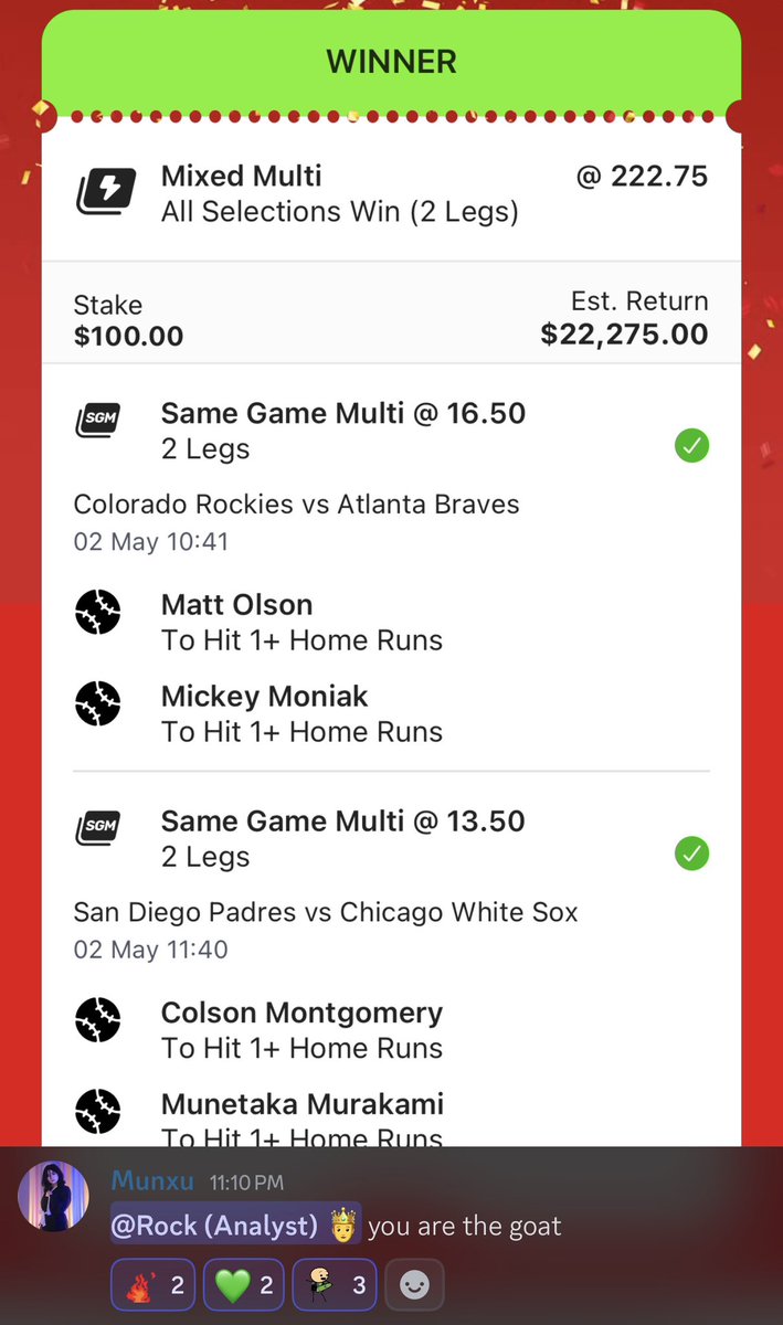 KingzSportsBets's tweet photo. 🔥ONLY AT WAGERKINGZ! +26125 MLB HOME RUN PARLAY BANGS!!! @I_Neeed_M0NEY 

✅$100 -> $22,275 FOR OUR MEMBERS!!!

LIKE AND RT FOR $100 GIVEAWAY F IT, PRO MEMBERS GET PRIORITY!😈

👉https://t.co/b7Ik4VPzh4

#Gambling𝕏 #SportsBettingX https://t.co/7iu3N8urFw