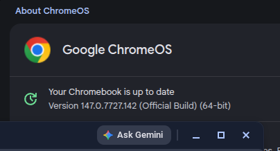 masaosaito's tweet image. 147.0.7727.142 に上げるために再起動したら、ようやく Gemini in Chrome もキタ。

Lenovo Chromebook Plus Gen 10
Google Workspace account

#ChromeOS #Gemini #Chrome
