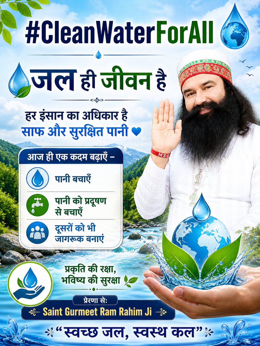 Bandana40052's tweet photo. Millions of people worldwide pledged to follow Simple and effective tips to save and harvest water in daily life. By following the guidance of Saint Gurmeet Ram Rahim Ji under #CleanWaterForLife Initiative. https://t.co/Om76bNiOvl