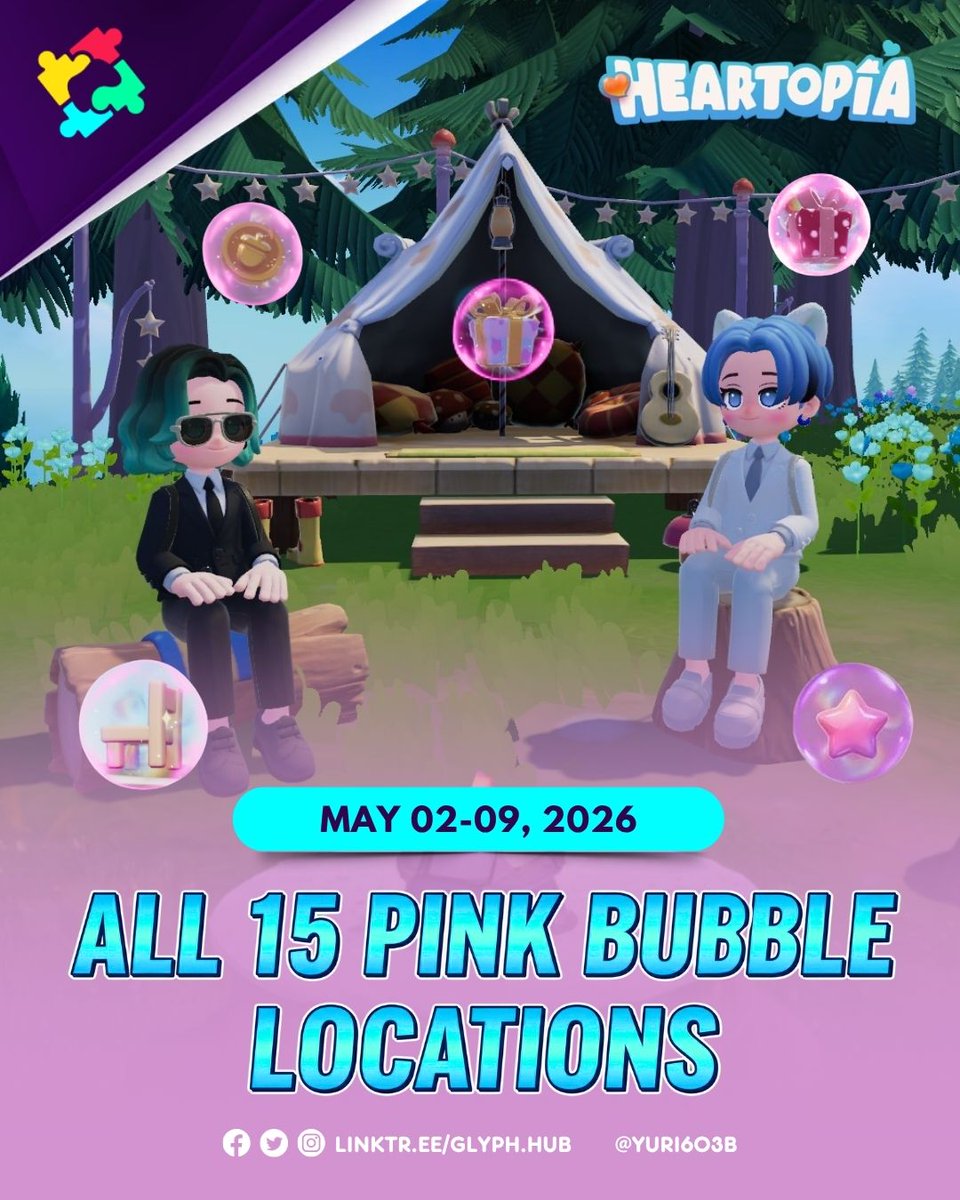 Glyph_Hub's tweet photo. [Heartopia]

All 15 Pink Bubble Locations for all servers (May 2-9, 2026)

#Heartopia #HeartopiaTips #HeartopiaGuide #PinkBubbles https://t.co/yl2I4ewpql