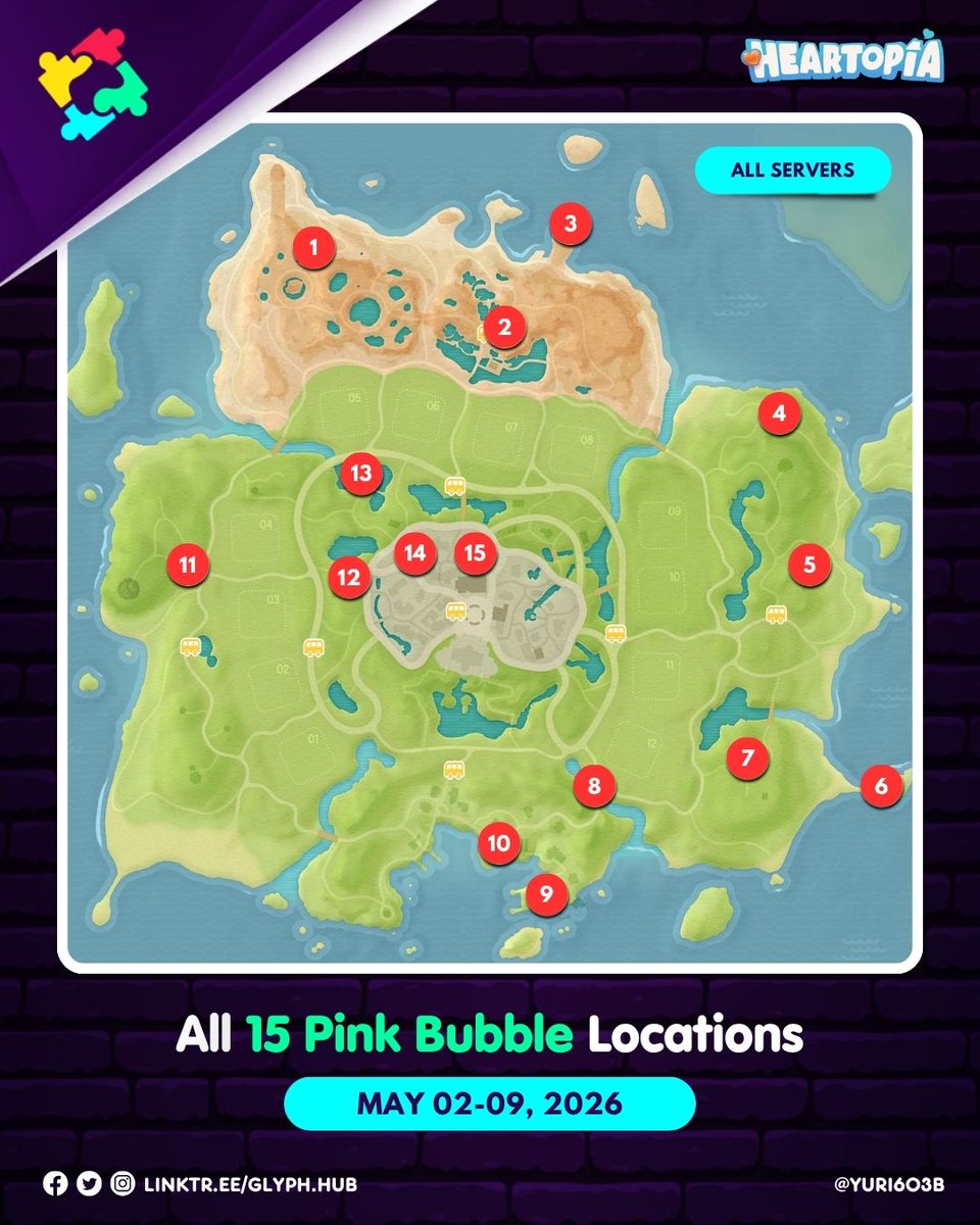 Glyph_Hub's tweet photo. [Heartopia]

All 15 Pink Bubble Locations for all servers (May 2-9, 2026)

#Heartopia #HeartopiaTips #HeartopiaGuide #PinkBubbles https://t.co/yl2I4ewpql