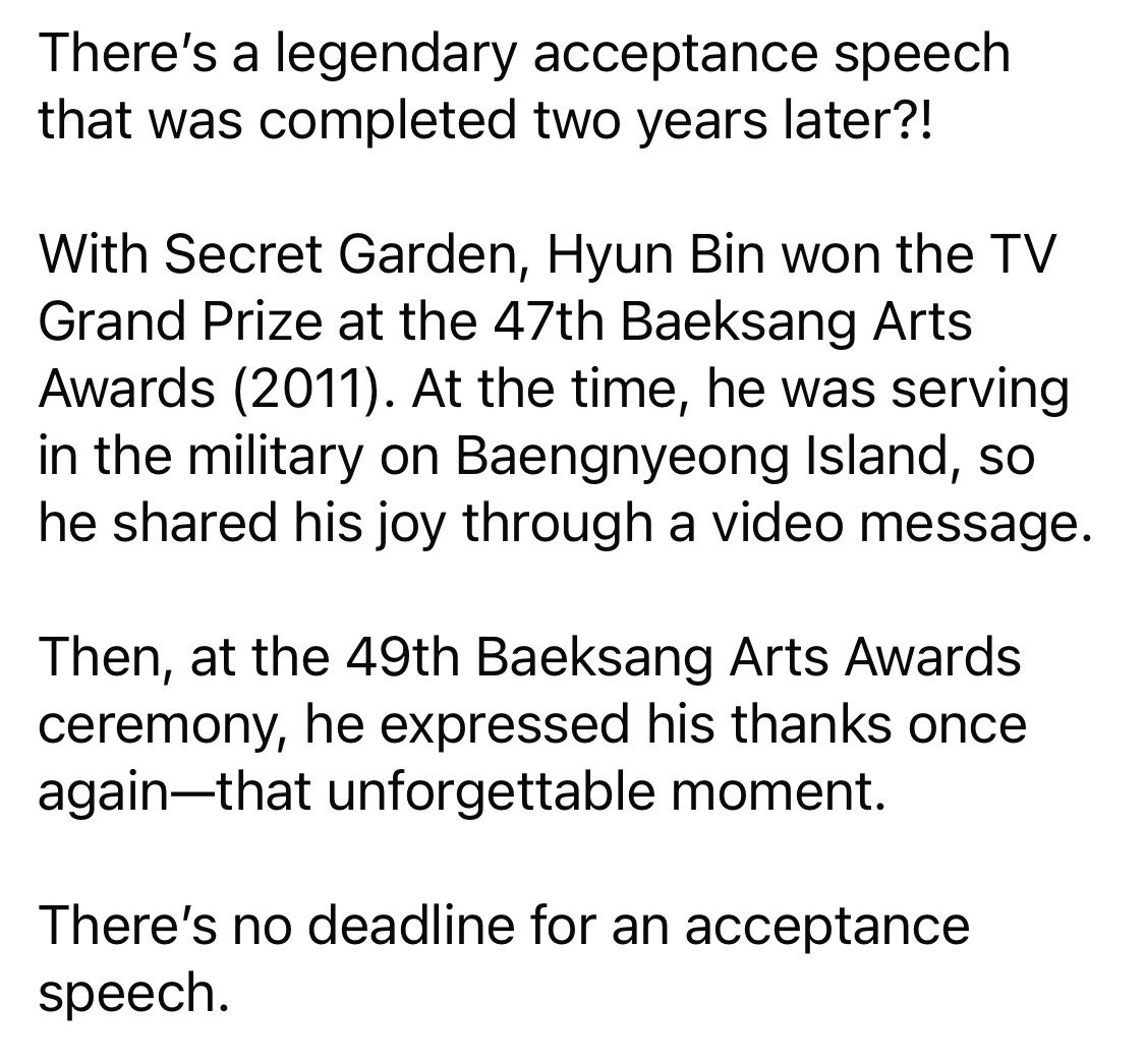 o_hyunbin_o's tweet photo. HYUN BIN: 
And when I received the TV Grand Prize at the 2011 Baeksang Arts Awards, I was serving in the military on Baengnyeong Island.
So I couldn’t thank you personally at the time, but even though it’s late, I’d like to take this chance now to express my thanks once again. https://t.co/BsqXQVC1vU