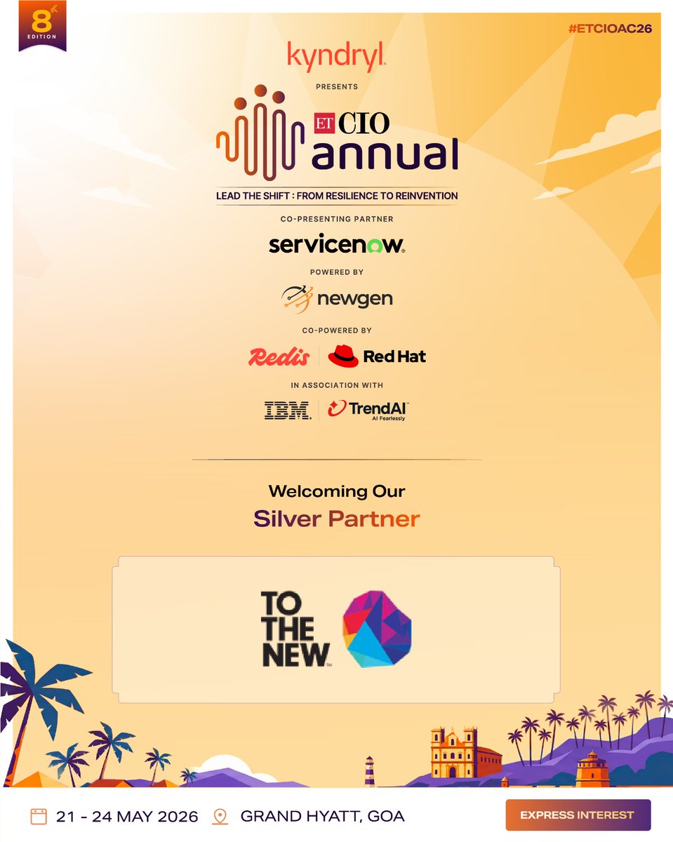 ET_CIO's tweet image. We're delighted to present @TOTHENEW as the Silver Partner for the 8th Edition of ETCIO Annual Conclave. 

Express Interest - cio.economictimes.indiatimes.com/annual-conclave

#ETCIOAC26 #ETCIO #TechLeadership #EnterpriseTech #DigitalTransformation #CIOLeadership