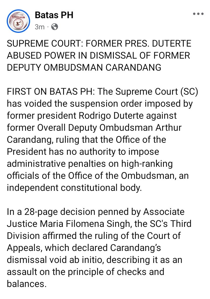 DeusXMachina14's tweet photo. SC: RRD  abused power in the dismissal of then  Deputy Ombudsman Arthur Carandang. In a 28 page decision penned by Asso. Justice Filomena Singh, the SC's  3D  affirmed the decision of the Court of Appeals which declared Carandang's dismissal as void ab initio.
📷Batas PH https://t.co/Y9h9U7d4b5