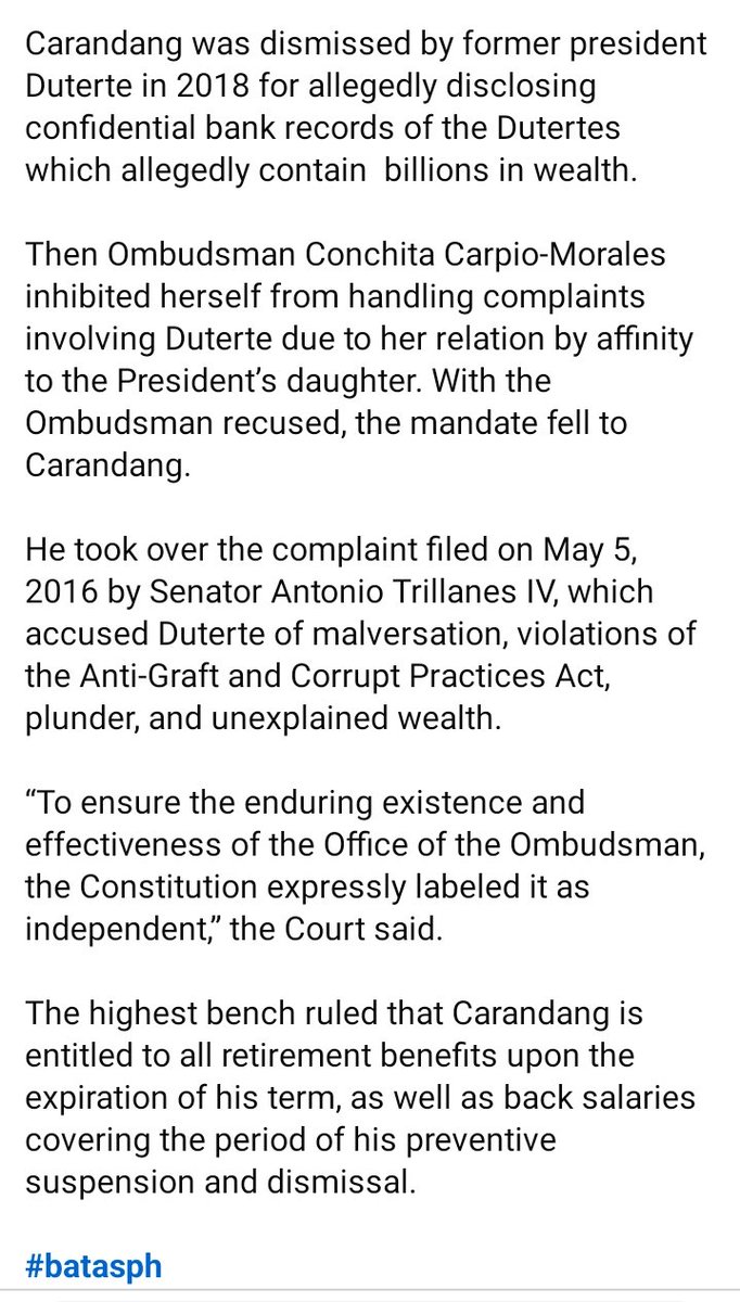SC: RRD  abused power in the dismissal of then  Deputy Ombudsman Arthur Carandang. In a 28 page decision penned by Asso. Justice Filomena Singh, the SC's  3D  affirmed the decision of the Court of Appeals which declared Carandang's dismissal as void ab initio.
📷Batas PH