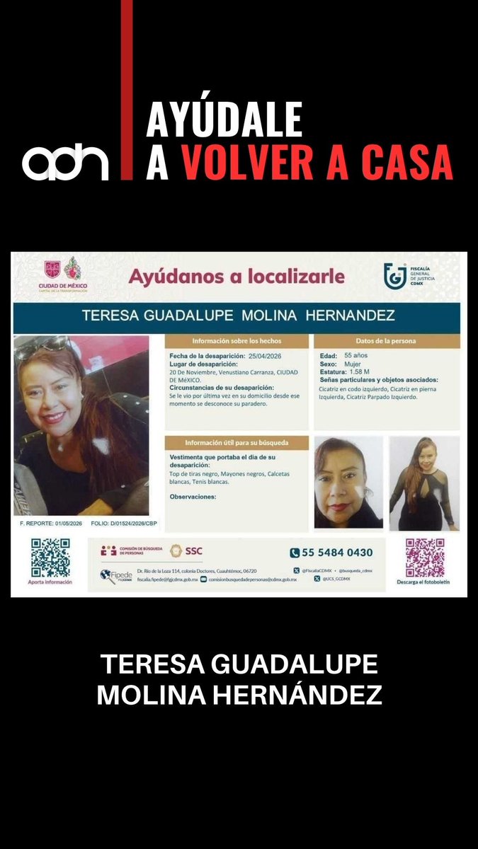 adnnoticiasmx's tweet photo. ¡Ayúdanos a localizarla! 🚨 Se solicita el apoyo de la ciudadanía para encontrar a Teresa Guadalupe Molina Hernández, de 55 años. Fue vista por última vez en la Col. 20 de Noviembre, alcaldía Venustiano Carranza (@A_VCarranza). Cualquier información es vital https://t.co/g9j1R0abqP