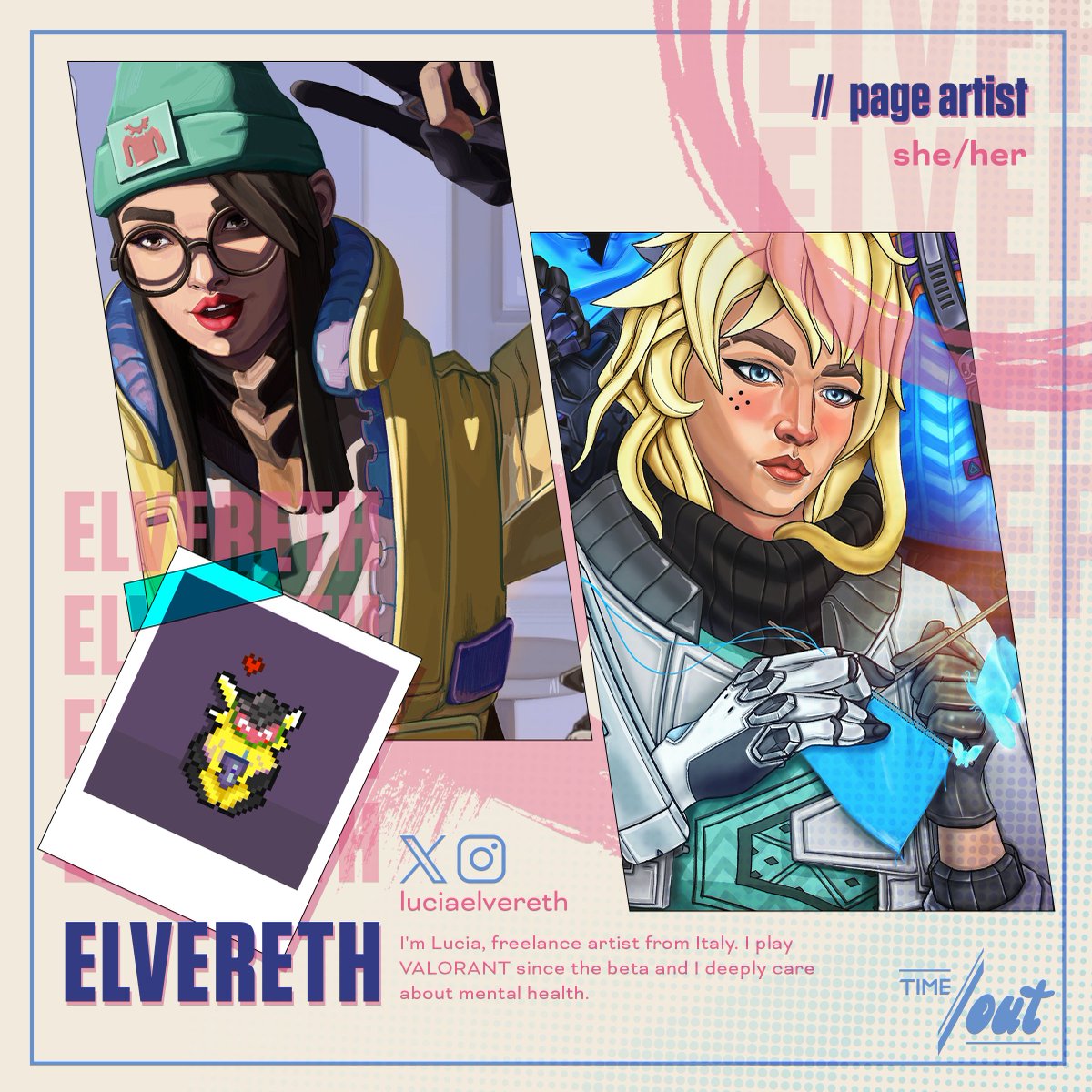 Knitting is a brilliant way to relieve stress, and Omen isn't the only one that can make it look effortless. 🧶🪡(Oh and what's killjoy doing? Guess you'll have to find out-)
These two pages done by the lovely <a href="/luciaelvereth/">Elvereth</a> !!