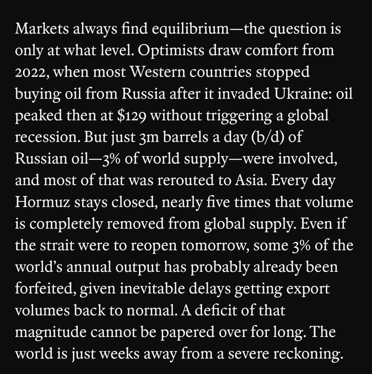 elerianm's tweet image. From the article in The Economist on "The crisis in oil markets will get bigger before it goes away: As stocks dwindle, further price rises are inevitable."
#economy #oil #energy #markets @TheEconomist