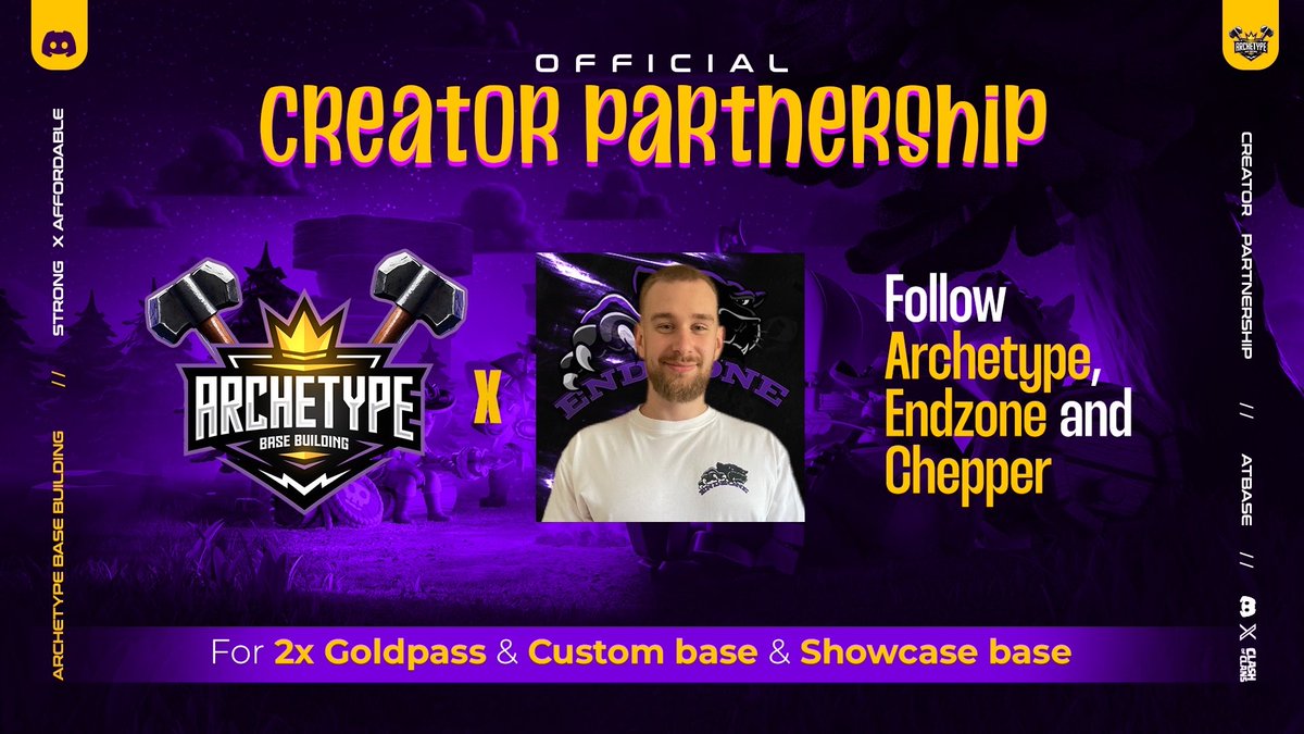 Official Creator Partnership Giveaway 🥳

Prize
🥇Goldpass + Custom base
🥈 Goldpass
🥉Showcase base

To Participate 
👉Follow: <a href="/archetype_bb/">Archetype Base Building</a> <a href="/Chepper_CoC/">Chepper</a> <a href="/EndzoneFamily/">Endzone Clan</a> 
👉 Retweet this post
👉Tag 2 friends 
👉Join: discord.gg/archetypebb

Giveaway ends in 7 day ⏰