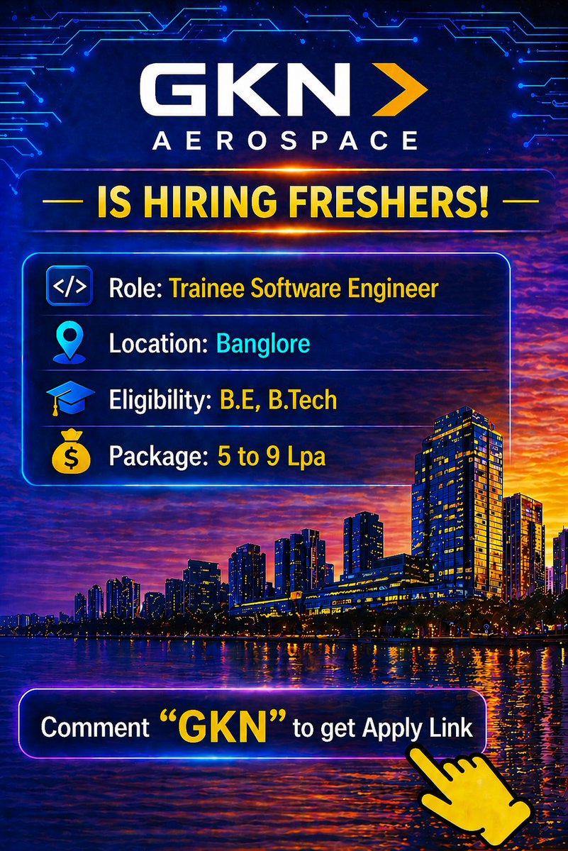 softwareduniyas's tweet image. 🚨 Freshers, imagine starting your career in Aerospace + Software 👀🔥

GKN Aerospace is hiring Trainee #Software Engineers

📍 Location: #Bangalore

🎓 What they’re looking for:
• BE / BTech (CS / IT / AI / DS etc.)
• Python + Web (HTML, CSS, JS)
• SQL + Database knowledge
•