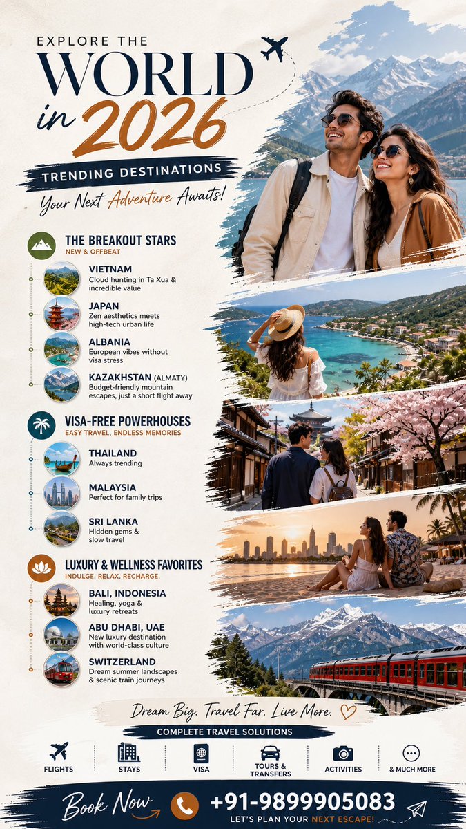 Gate_2_Globe's tweet image. 🌍 2026 Travel Trends are here! ✈️

Top destinations, visa-free trips &amp;amp; luxury escapes 🔥

✨ Flights • Stays • Visa • Tours • Activities

📲 Book Now: +91-9899905083

#Travel2026 #TravelDeals #Wanderlust
