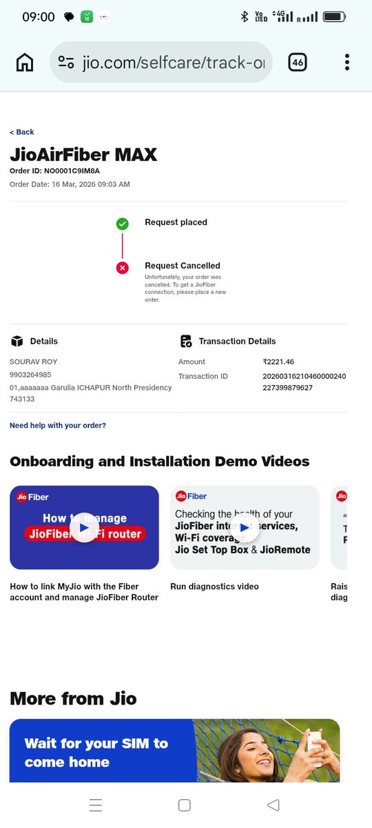 roy183sourav's tweet photo. Why this hasn't been solved by @JioCare must answer.. everyday they are saying that the matter has been escalated..but 50 days have passed without my refund https://t.co/ZEu3l2sOrF